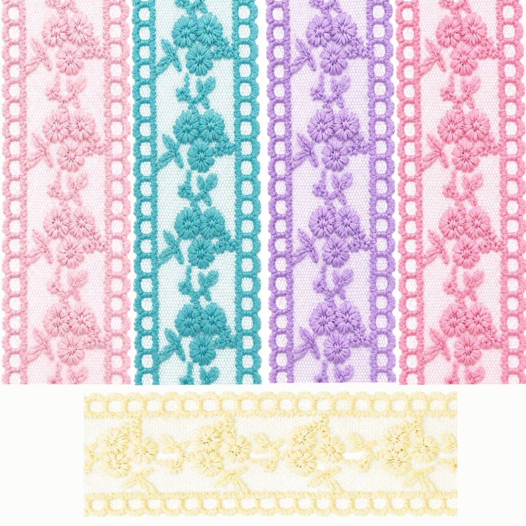 Fitas de filó bordado com flores e acabamento vazado nas cores rosa-claro, azul, lilás, rosa e amarelo bebê.