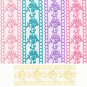 Fitas de filó bordado com flores e acabamento vazado nas cores rosa-claro, azul, lilás, rosa e amarelo bebê.