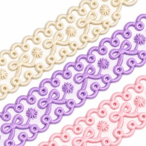 Fitas de filó bordado com laços e acabamento vazado nas cores , creme, lilás, rosa.