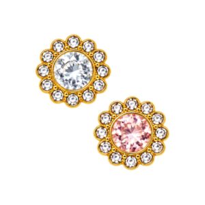 Dois modelos de chaton redondo de 12 mm, com pedra central e contorno decorado com pequenos strass.