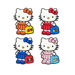 Apliques emborrachados de gatinha escolar com mochila, disponíveis nas cores laranja, vermelho, azul royal e rosa.
