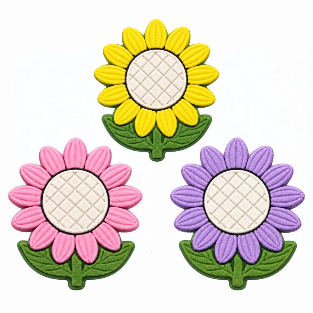 Apliques emborrachados de girassol 3.5cm nas cores amarela, rosa e lilás, com folhas verdes e miolo branco.