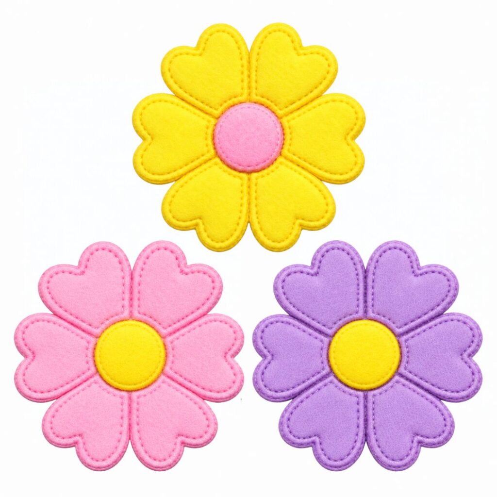 Três apliques emborrachados em formato de flores 3.5cm nas cores amarela, rosa e lilás sobre fundo branco.