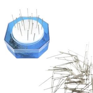 Kit de alfinetes metálicos com porta alfinetes azul para costura e artesanato.
