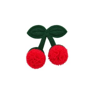 Aplique de cereja com pompons vermelhos, cabos e folhas verdes em feltro.