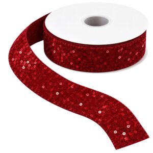 Fita vermelha com lantejoulas brilhantes e bordas sobre fundo branco.