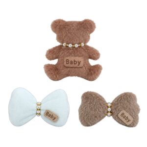 Apliques de pelúcia com urso marrom e laços nas cores branca e marrom, decorados com pérolas e etiqueta Baby.